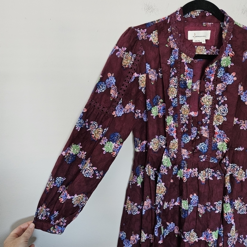 By Anthropology Mini tunic dress purple floral fit flare long sleeves size XS - Picture 5 of 11